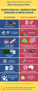 Individual-Directed Goods and Services Allowable Goods are Transportation, Technology, Fitness Center Membership, Educational Classes, Adaptive Equipment, Household Items, Items that help you meet your goals. Not Allowable items are items that are against the law and experimental, vacations, cash payments, gift cards, or reimbursements, vehicle purchase, lease, rental, repair, or maintenance, insurance, weapons or gambling, housing maintenance or rent.